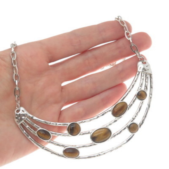 925 Sterling Silver Vintage Real Tiger Eye Modernist Crescent Chain Necklace 18"